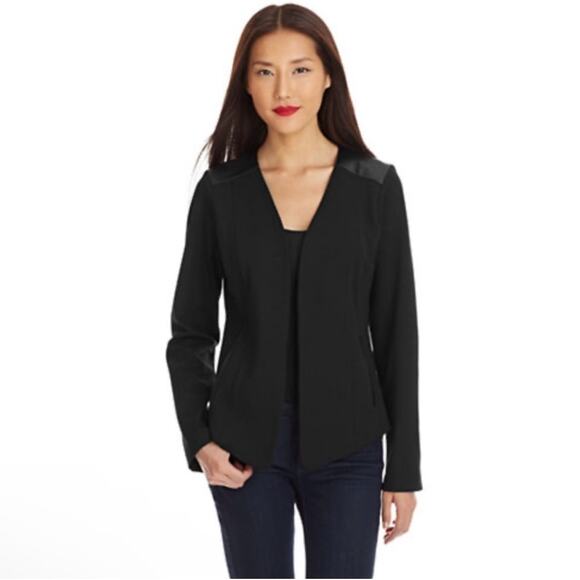 Eileen Fisher Angle Front Jacket Cardigan Ponte Leather Trim Asymmetric Black XS - Picture 1 of 16